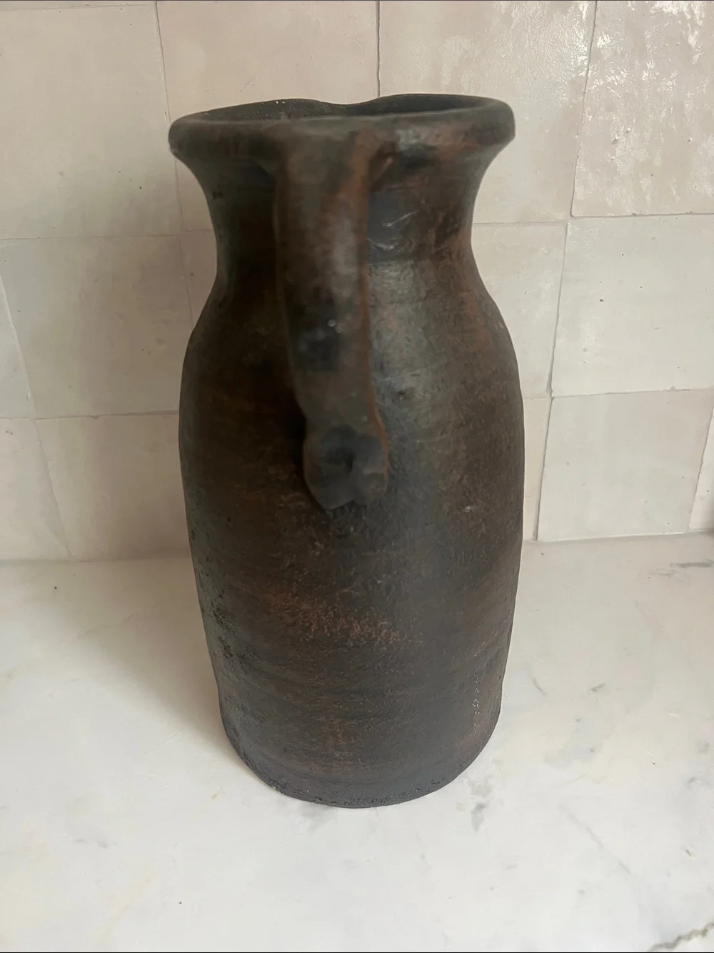 Primitive Chocolate Brown Amber Interiors Style Pottery Vintage Vase Pitcher